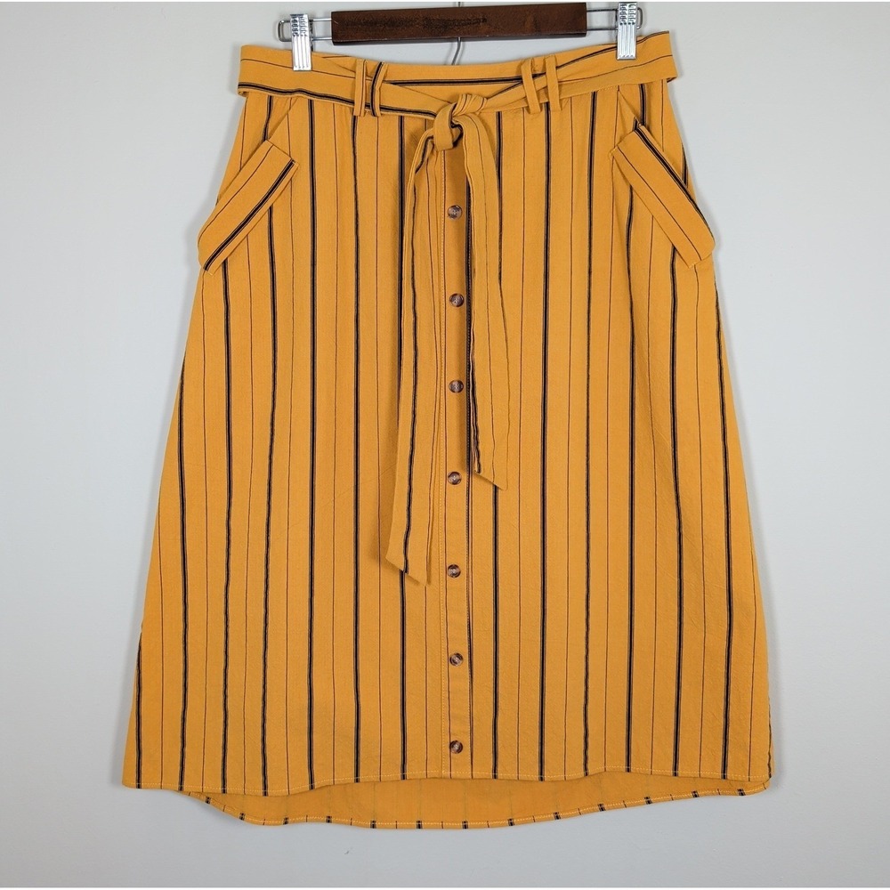 Polagram Mustard Yellow Striped Midi Skirt Elastic Waist Sz Large Dark Academia